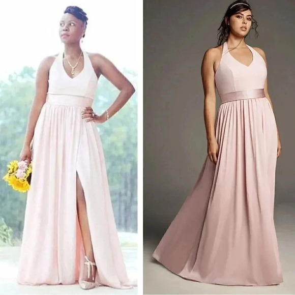 NWT Vera Wang White V-Neck Halter Gown Bridesmaid Dress with Sash Blush Wedding - Picture 1 of 13
